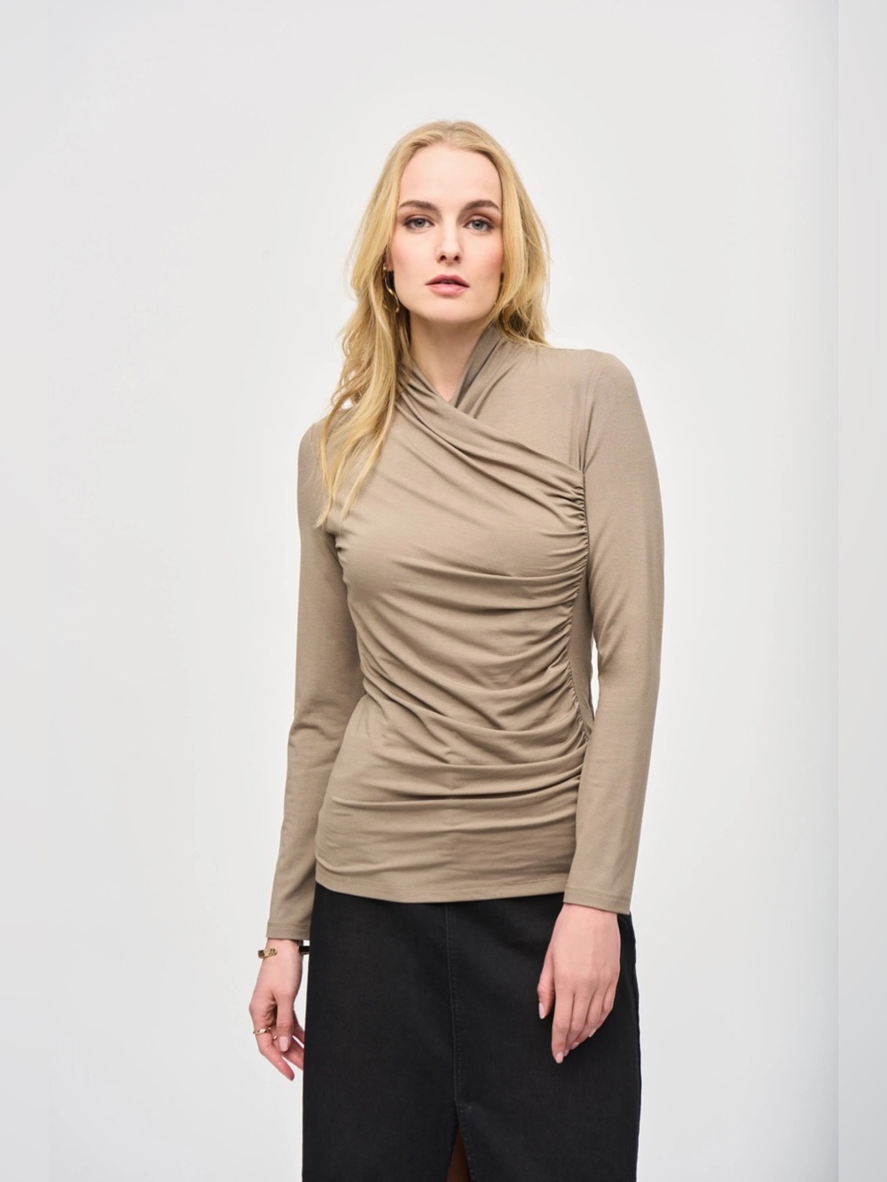 Joseph Ribkoff Java Draped Ruched Long Sleeve Top Taupe Size 6 NWT